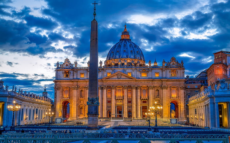 Saint Peters Basilica, Vatican, evening, city lights, St Peters Square, Italy, Rome, HD wallpaper