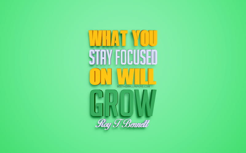 What you stay focused on will grow, Robert T Bennett quotes, popular quotes, creative 3d art, growth quotes, green background, inspiration, HD wallpaper