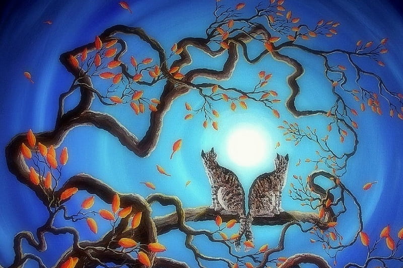 Brother Under Full Moon, moons, fall, draw and paint, autumn, love four seasons, trees, leaves, paintings, cats, animals, HD wallpaper