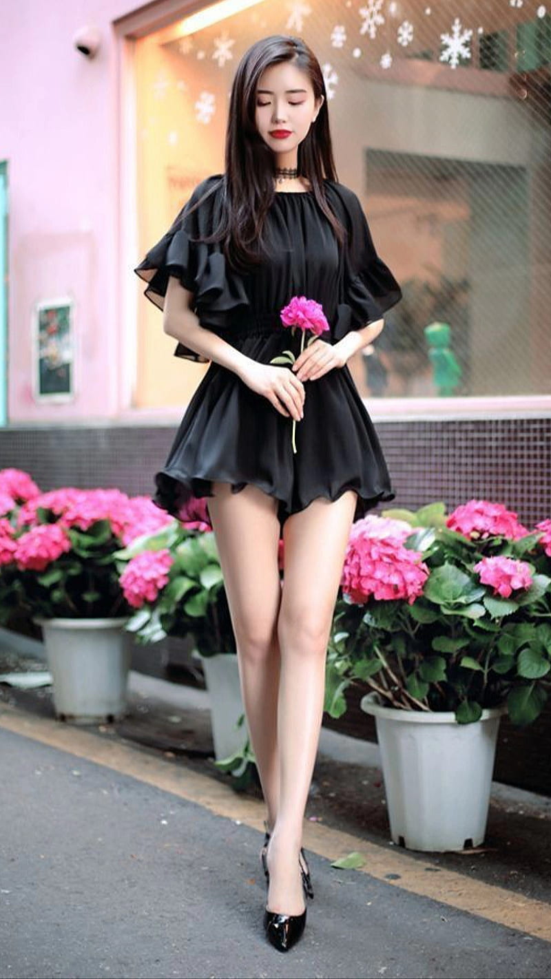 Flower for myself, asian, black dress, cute, girl, pink flower, pretty, short dress, HD phone wallpaper