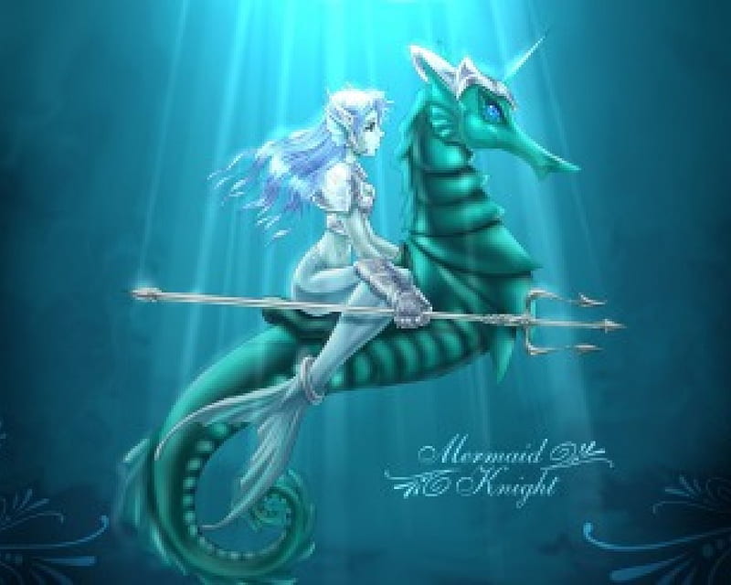 Mermaid Knight, fantasy, water, seahorse, mermaid, light, HD wallpaper