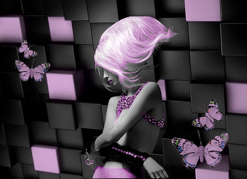Avant Garde Big Hair 7 Color Popped, artistic, pretty, Avant Garde, stunning, bold, breathtaking, bonito, woman, women, color on black, feminine, girls, gorgeous, daring, female, lovely, model, black, butterflies, creative, purple, purple on black, HD wallpaper