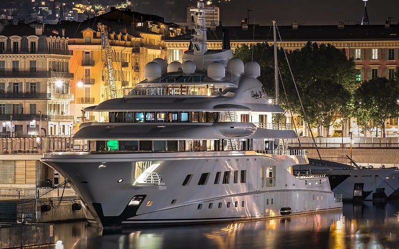 luxury white yacht, jetty, evening, coast, sea, city lights, expensive ships, HD wallpaper