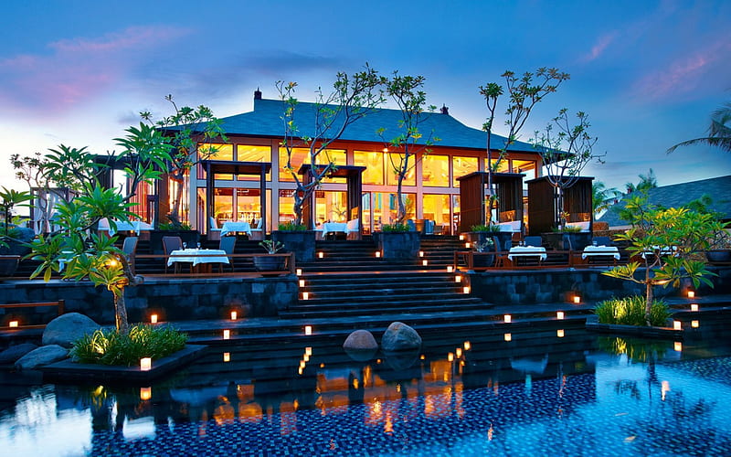 the most beautiful restaurant, restaurant, pool, outdoor, lights, steps, HD wallpaper