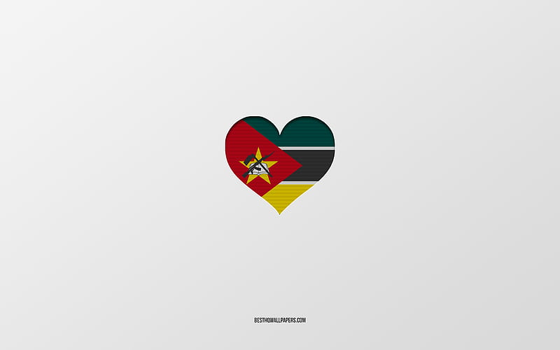 I Love Mozambique, Africa countries, Mozambique, gray background, Mozambique flag heart, favorite country, Love Mozambique, HD wallpaper