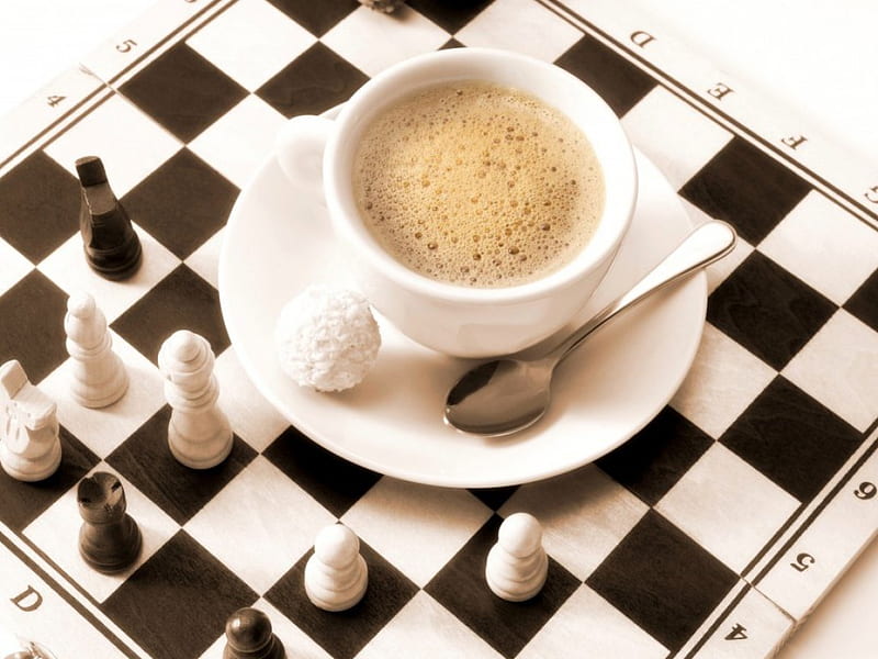 Coffee and Chess, coffee, food, drinks, drink, chess, sweet, HD wallpaper