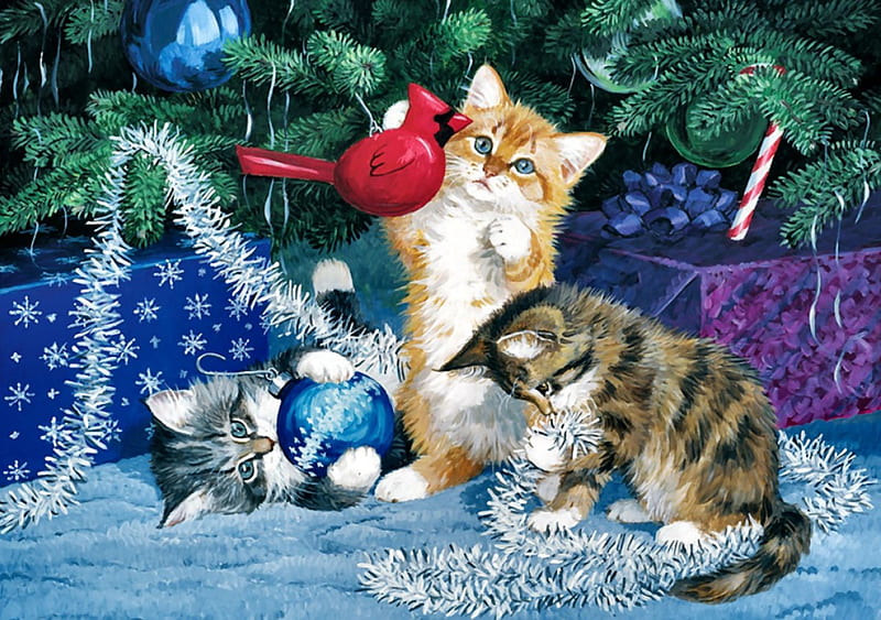 Undecorating the Tree F2, Christmas, art, holiday, December, kittens ...