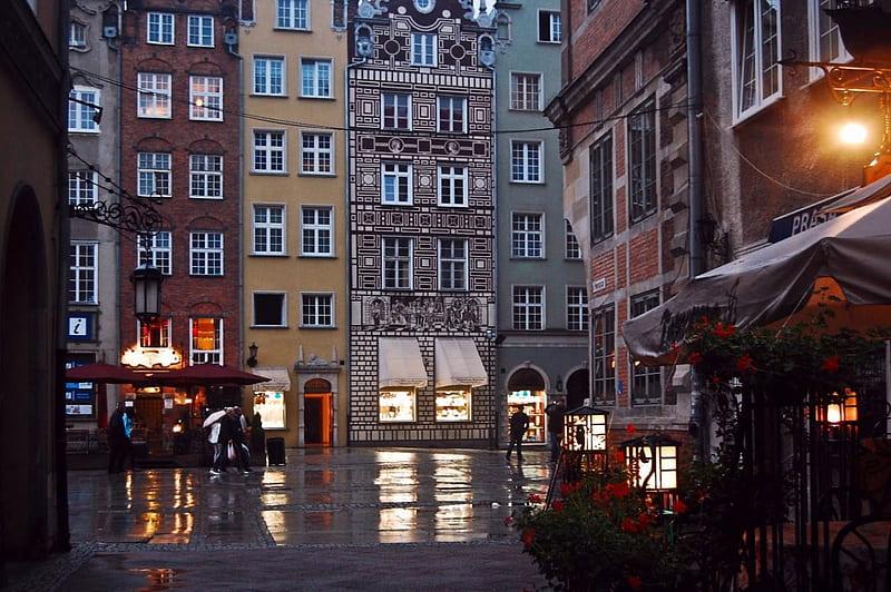 Reflection, architecture, city, houses, twilight, street, lights, Gdansk, night, HD wallpaper