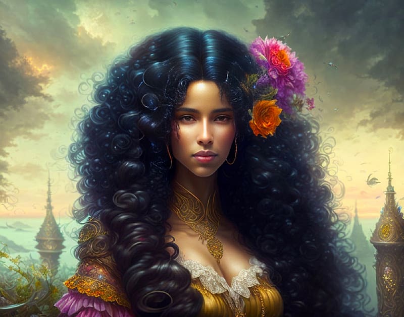 Esmeralda, the Gypsy Girl, digital, art, fantasy, , gypsy, girl, flowers in hair, woman, beatiful, HD wallpaper