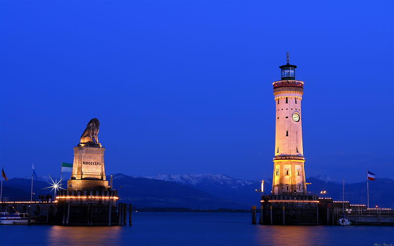 Bodensee at night, harbour entrance, sea, night, lighthouse, HD wallpaper
