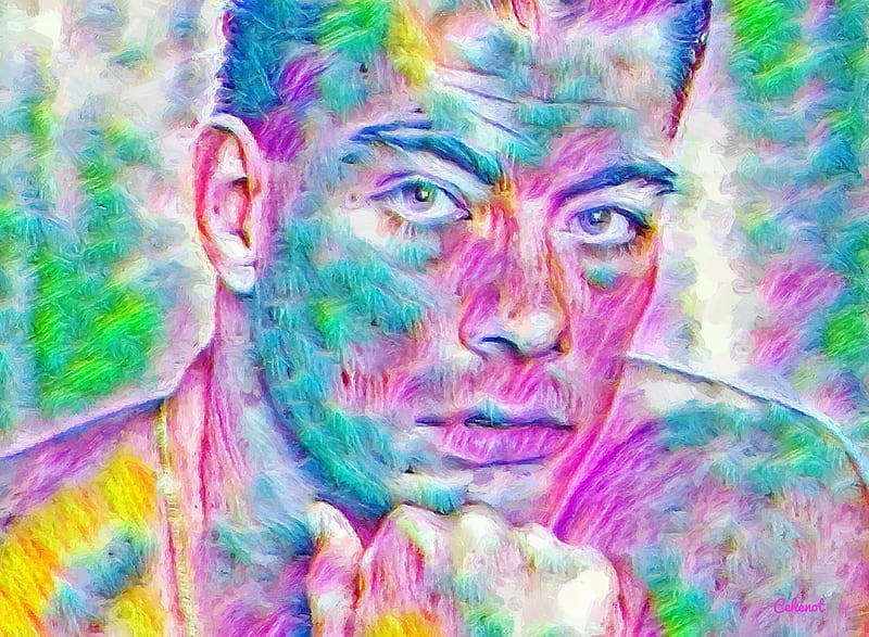 Jean-Claude Van Damme, art, yellow, man, cehenot, abstract, green, painting, portrait, pictura, pink, actor, blue, HD wallpaper
