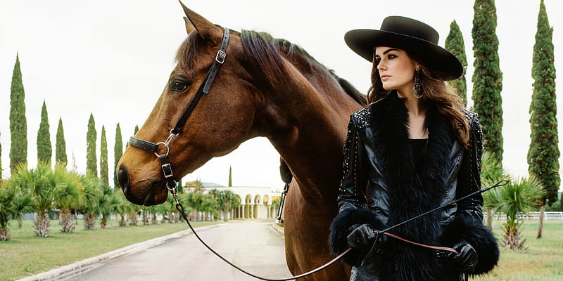 ~Cowgirl~, cowgirl, earrings, burnette, trees, horse, palms, hat, building, gloves, leather, jacket, horsewhip, road, HD wallpaper