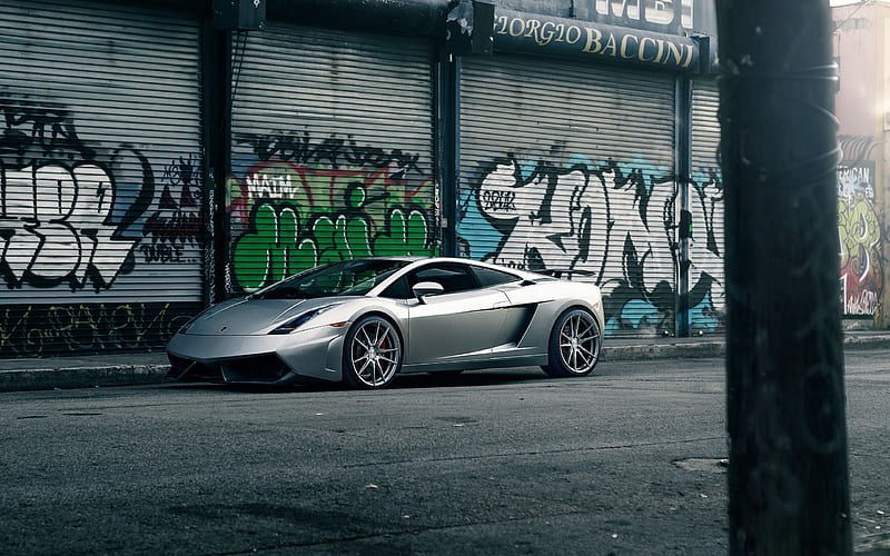Lamborghini Gallardo, silver sport car, Italian sports car, silver Gallardo, graffiti, HD wallpaper