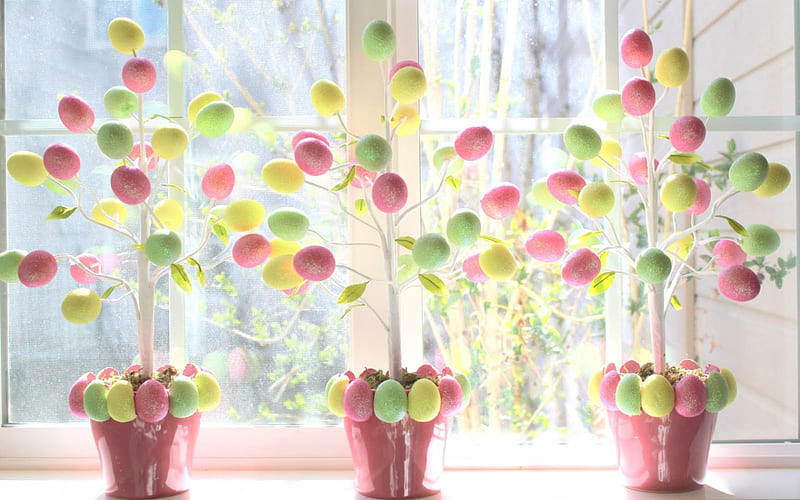 Easter Trees, Easter, still life, pots, window, Easter eggs, eggs, Spring, trees, HD wallpaper