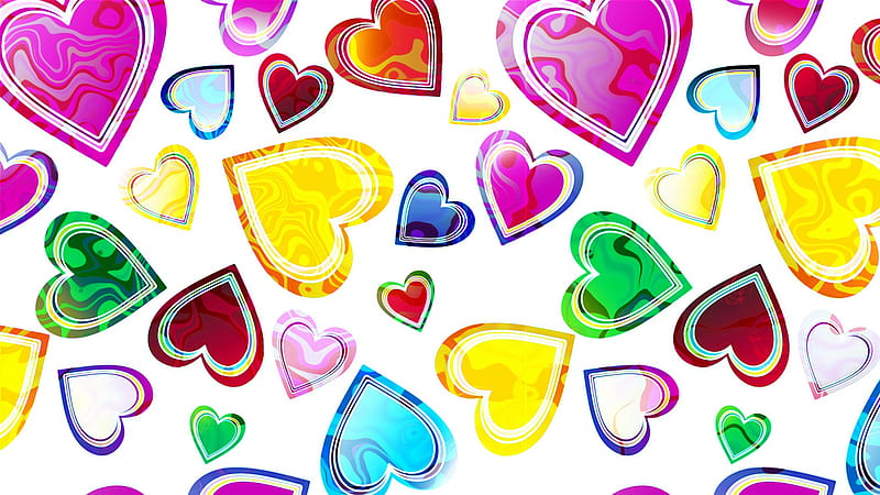 colorful yellow blue red pink green hearts abstract, HD wallpaper