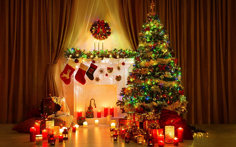 Christmas, stones, evening, New Year, Christmas tree, candles, gifts, HD wallpaper