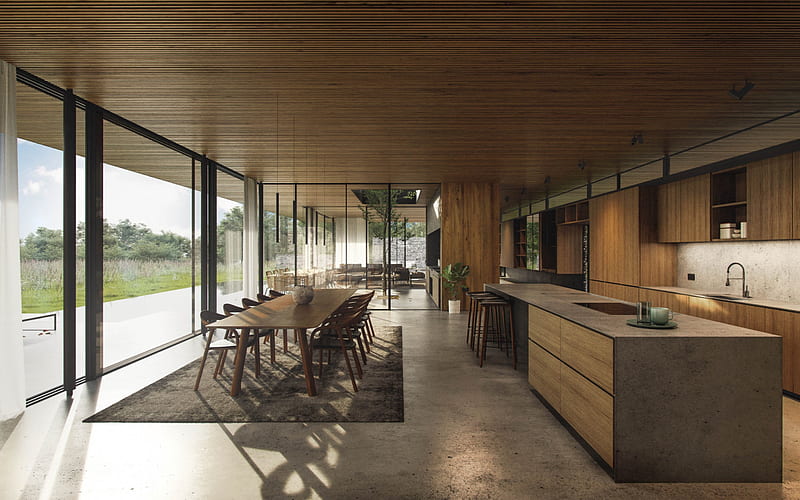 stylish dining room design, loft style, kitchen, a lot of wood in the kitchen interior, modern interior design, HD wallpaper