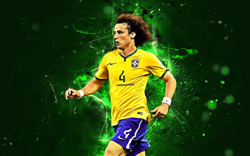 David Luiz, match, Brazil National Team, soccer, footballers, David Luiz Moreira Marinho, neon lights, Brazilian football team, HD wallpaper