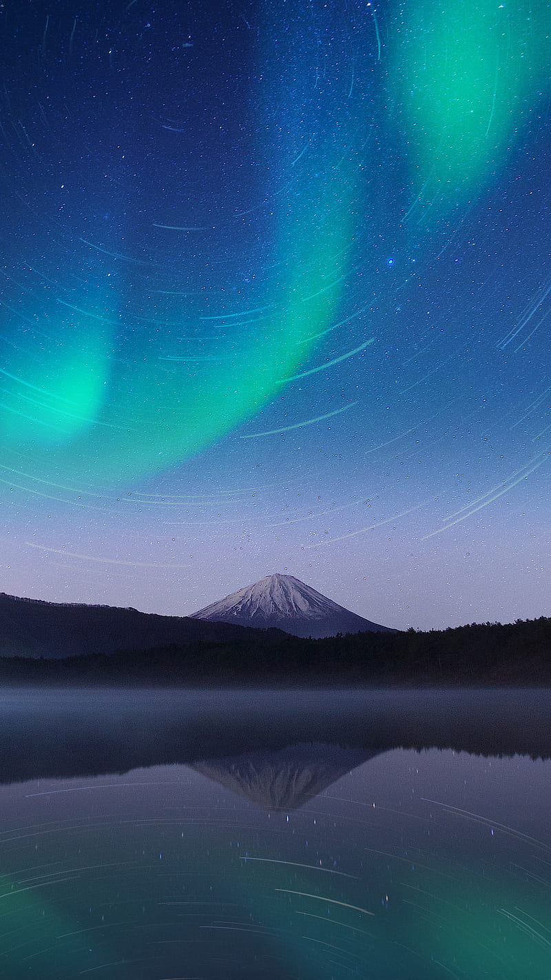 Aurora and stars, aurora borealis, galaxy, mountain, night, space, HD phone wallpaper
