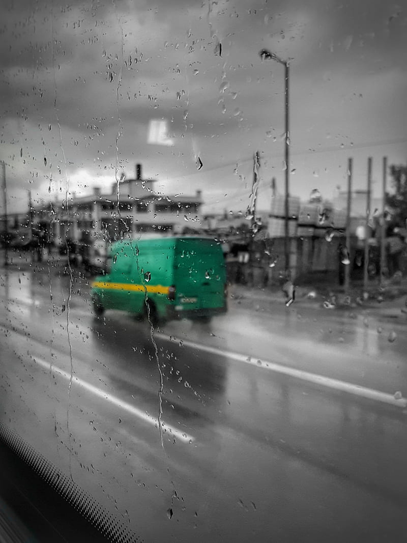 Raindrops, auto, black-and-white, driving, drop, rain, raindrop, ride, road, truck, HD phone wallpaper