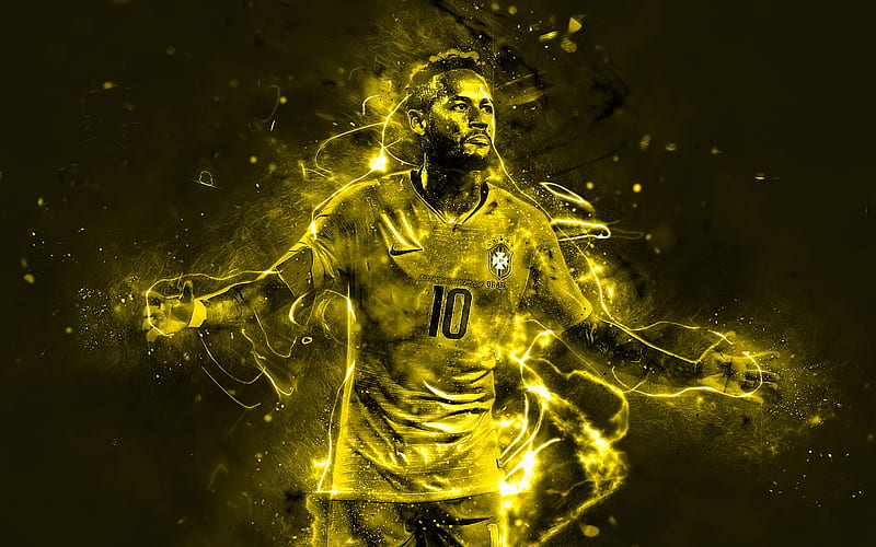 Neymar, yellow neon, Brazil National Team, fan art, yellow background, football stars, Neymar JR, soccer, joy, creative, neon lights, Brazilian football team, HD wallpaper