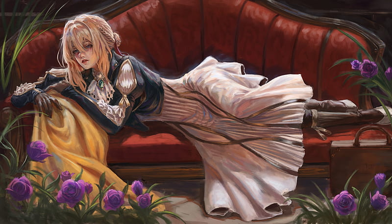violet evergarden, lying down, semi-realistic, couch, blonde, , Anime, HD wallpaper