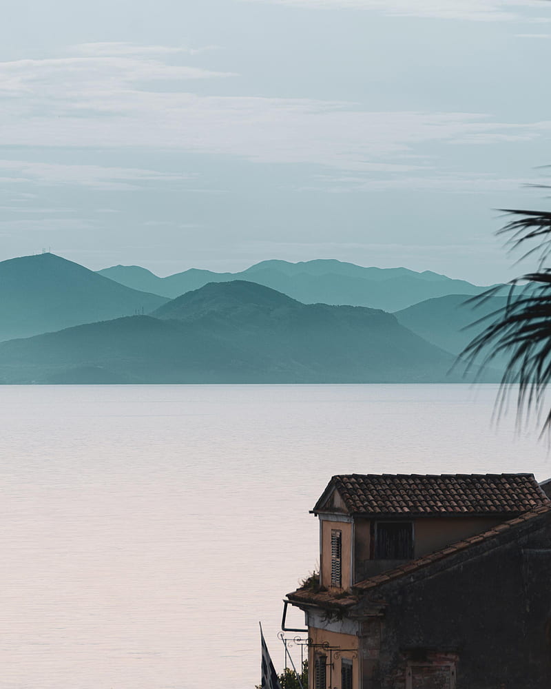 house, sea, mountains, fog, building, shore, HD phone wallpaper