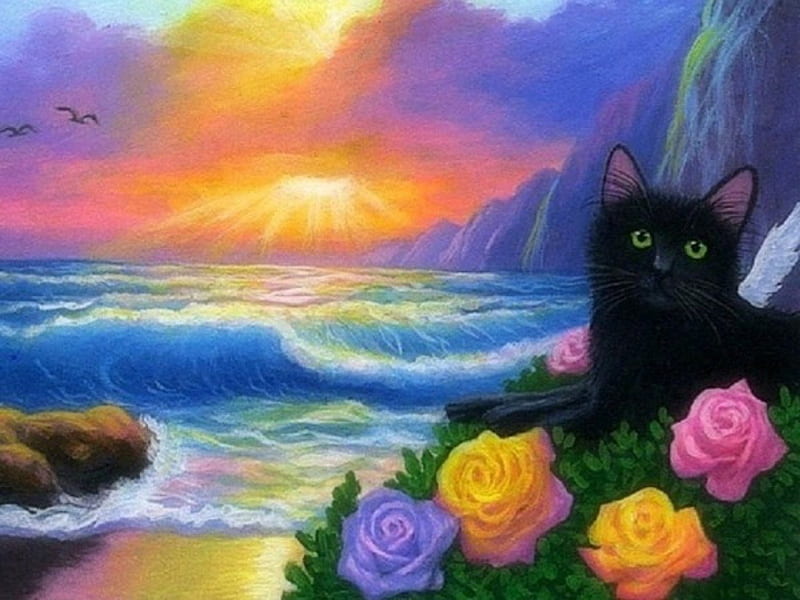 Cute Black Kitten, art, sunset, waves, roses, cat, kitten, animal, HD wallpaper