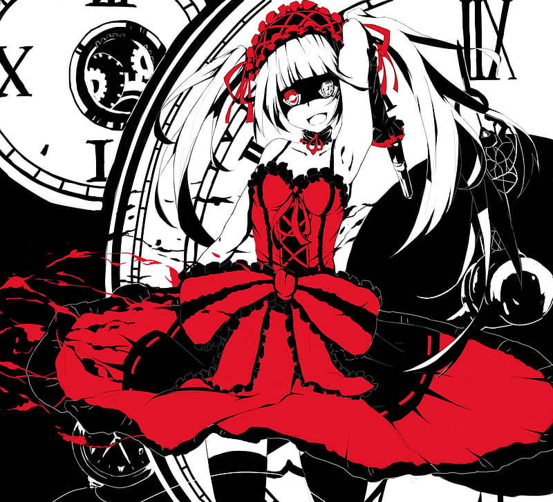 Tokisaki Kurumi, female, red dress, evil, manga, twintails, girl, anime, black dress, black and white background, long hair, Date A Live, HD wallpaper