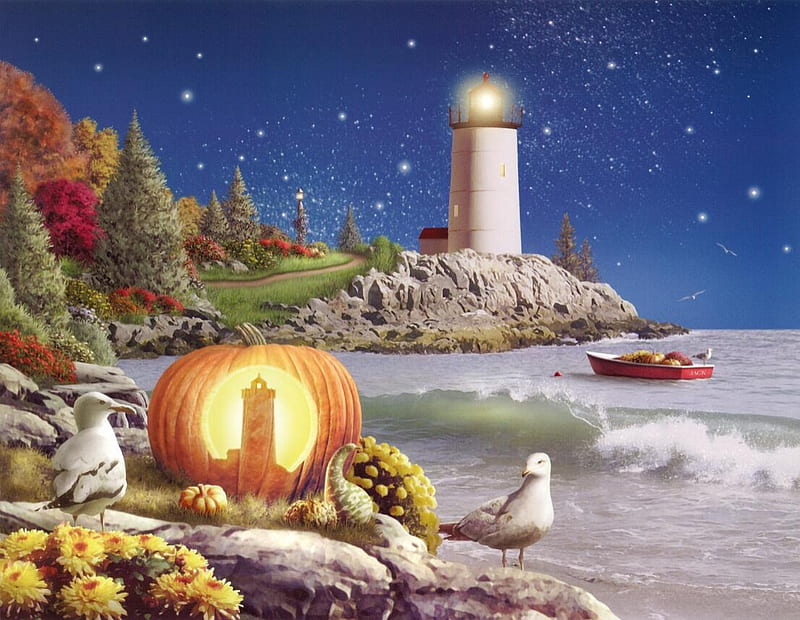 Scenic Mediterranean Landscape, stars, halloween, pumpkin, sky, seagull, artwork, lighthouse, sea, digital, HD wallpaper