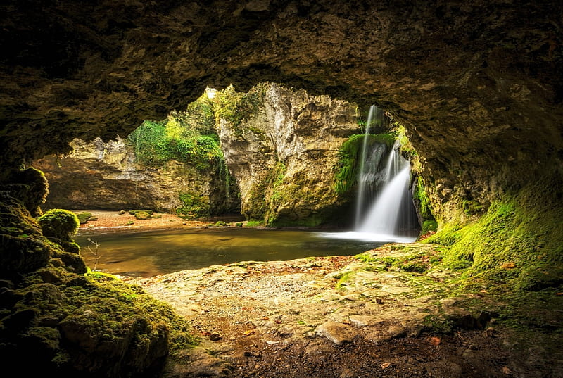 Mossy Rock Cavern Waterfall, Waterfalls, Caves, Natire, Moss, Rocks, HD wallpaper