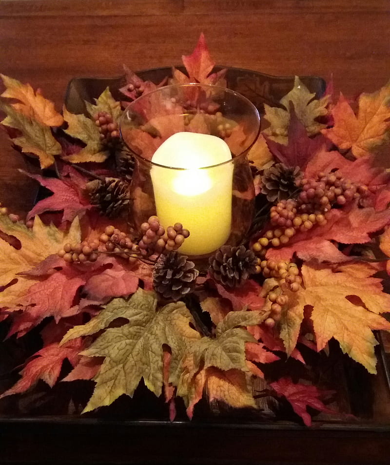 Fall centerpiece, candlelight, foilage, HD phone wallpaper