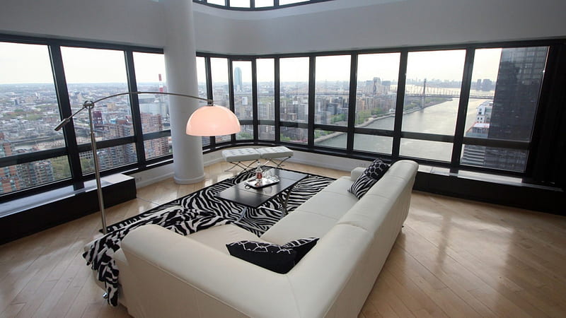fantastic living room view in new york city, bridge, view, living room, interior, river, apartment, HD wallpaper fantastic living room view in new york city, bridge, view, living room, interior, river, apartment, HD wallpaper