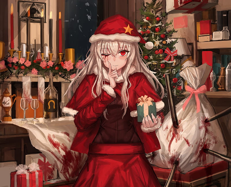 Anime, Girl, Christmas, Red Eyes, Santa Hat, White Hair, Woman, HD wallpaper
