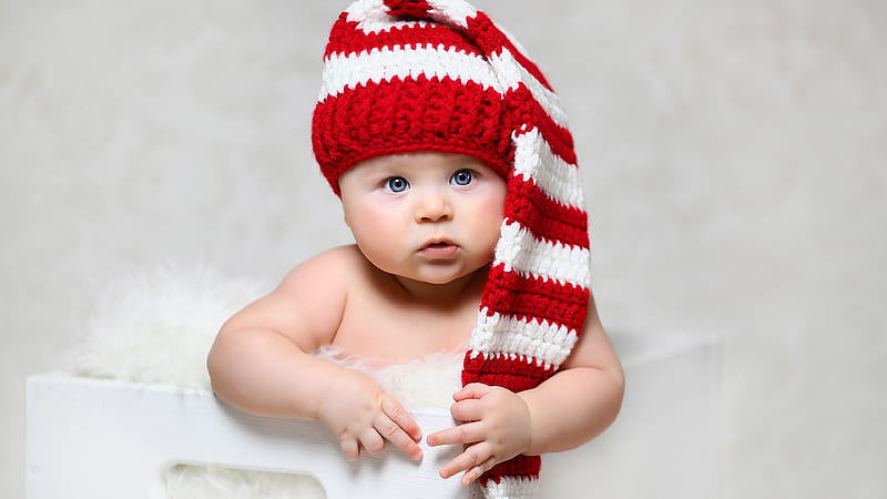 Baby Is Sitting In The White Box And Wearing Knit Wool Cap Cute, HD wallpaper