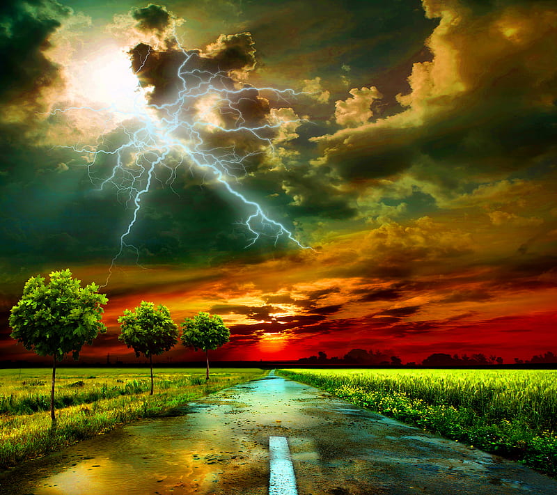 Lightning, clouds, nature, rain, road, sky, thunder, HD wallpaper
