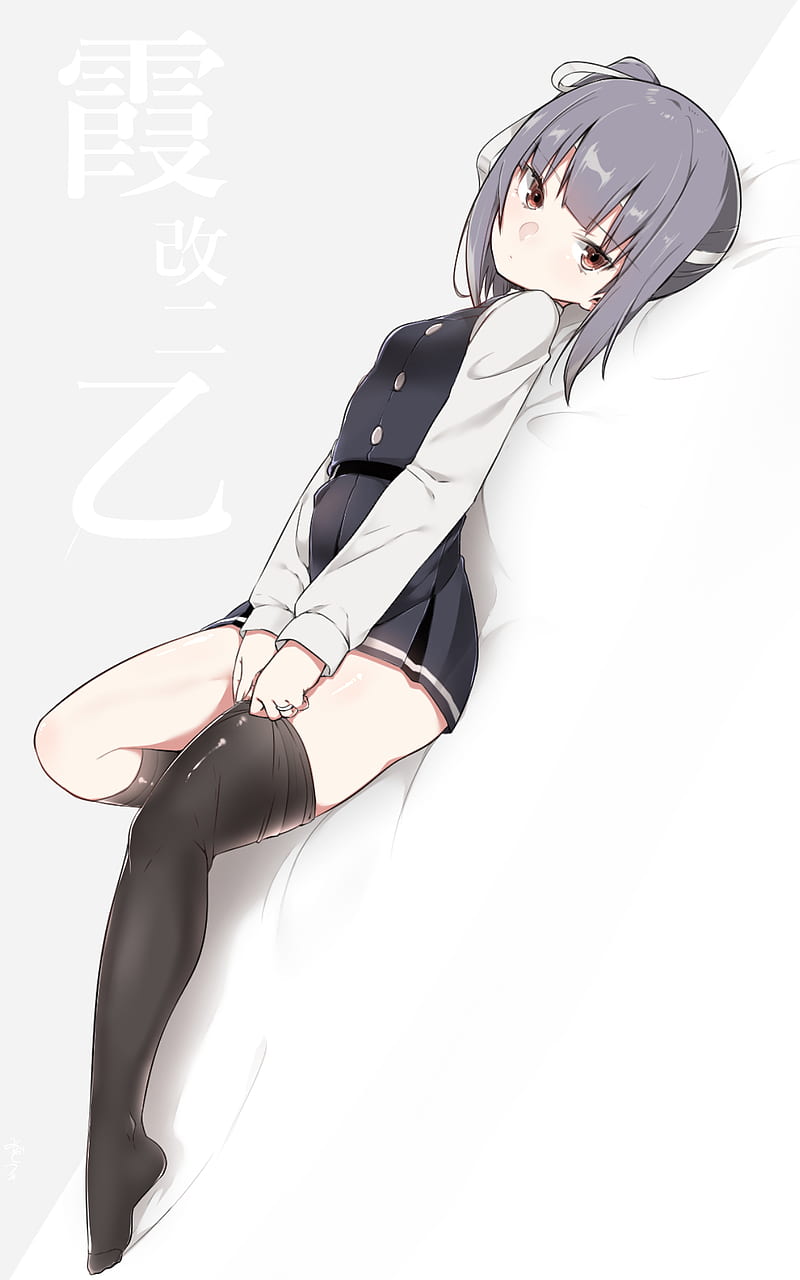 white background, Kantai Collection, Kasumi (KanColle), school uniform, thigh-highs, gray hair, HD phone wallpaper