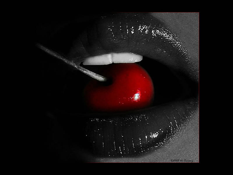 black lips, 3d, black, cherries, lips, abstract, HD wallpaper