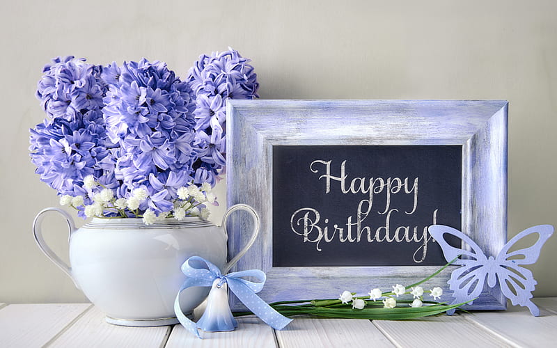 Happy Birtay, frame with congratulations, birtay concepts, hyacinths, bouquet of blue flowers, bouquet of hyacinths, HD wallpaper