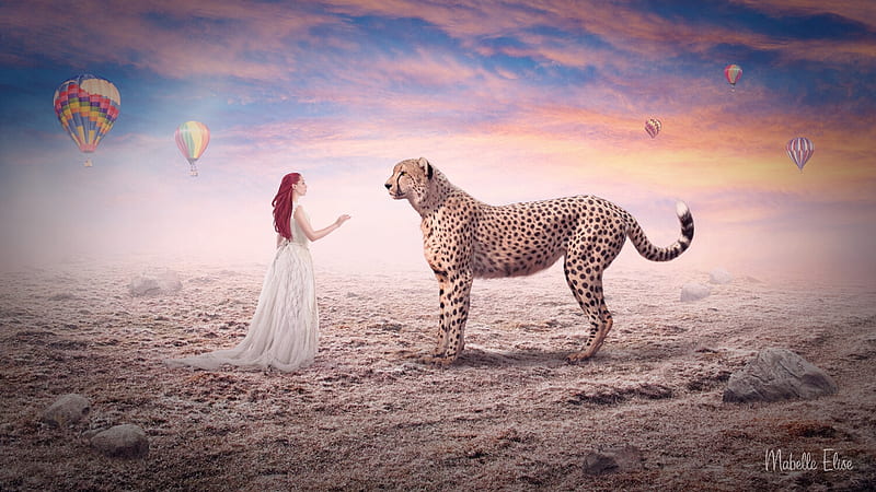 A chance meeting, balloon, fantasy, cheetah, girl, mabelle elise, HD wallpaper