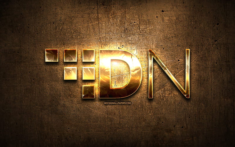 DigitalNote golden logo, cryptocurrency, brown metal background, creative, DigitalNote logo, cryptocurrency signs, DigitalNote, HD wallpaper