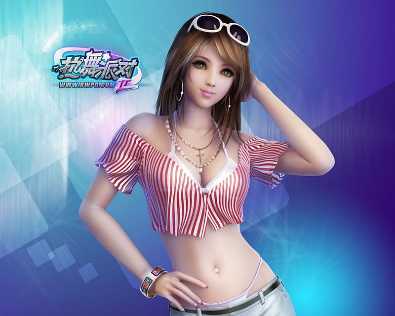 Hot Dance Party, games, female, cg, brown hair, glasses, video games, brown eyes, girl, blue background, lone, HD wallpaper