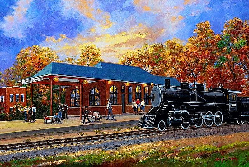 Train Depot, railways, steam, locomotive, painting, station, artwork ...
