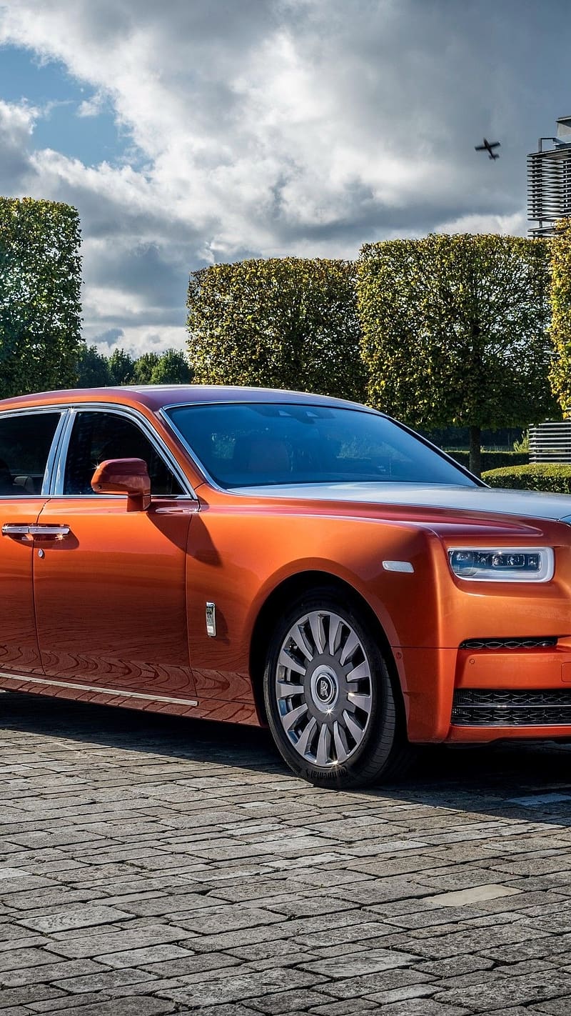 Rolls Royce Live, In Orange, orange, car, royal, clouds background, HD phone wallpaper