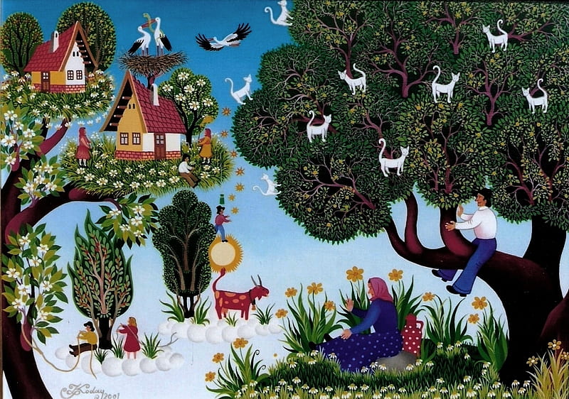 Koday Laszlo. White cats, red goat and the storks, art, tree, koday laszlo, painting, cat, HD wallpaper