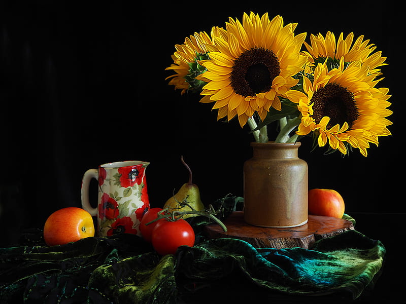 graphy, Still Life, Fruit, Pitcher, Sunflower, HD wallpaper