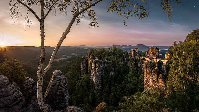 Germany Bastei Birch Bridge In Forest And Rock Mountain Landscape During Sunrise Nature, HD wallpaper