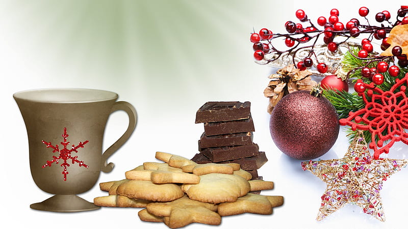 Christmas Goodies for Santa, feliz navidad, christmas, chocolate, firefox persona, pine cone, cookies, coffee, berries, decorations, cup, cocoa, star, HD wallpaper