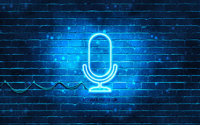 Studio microphone neon icon blue background, neon symbols, Studio microphone, creative, neon icons, Studio microphone sign, music signs, Studio microphone icon, music icons, HD wallpaper