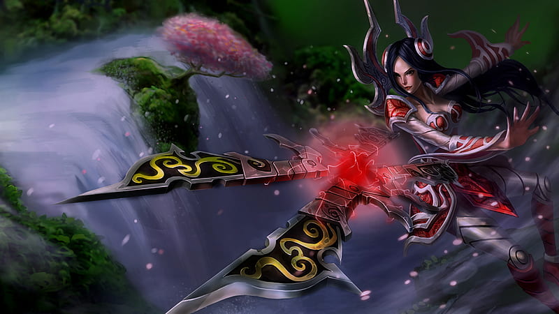 Irelia The Will of Blades, grass, video game, power, woman, league of legends, knife, cherry blossom, leaves, waterfall, weapon, will, jump, blades, tree, irelia, girl, petals, lady, HD wallpaper